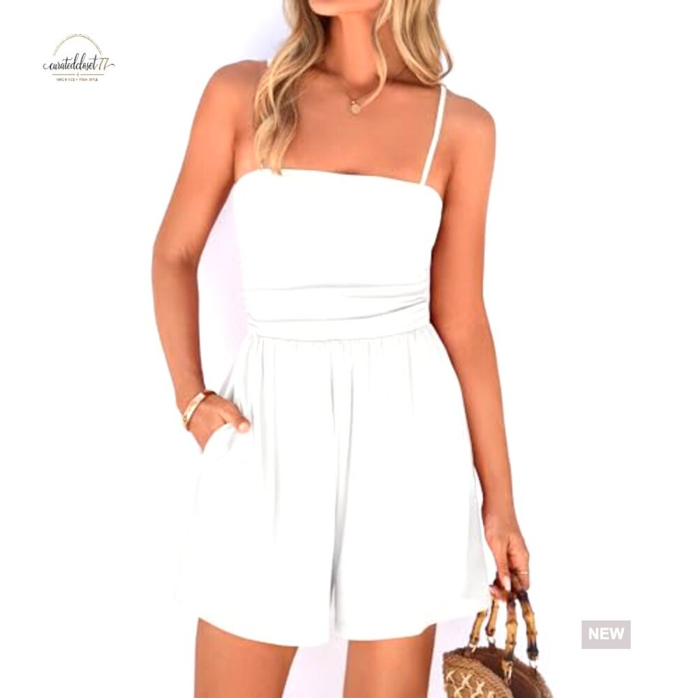 Spaghetti Strap Romper with Pockets, Adjustable Straps, Loose Fit Jumpsuit - Picture 4 of 7